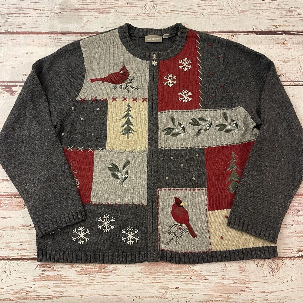 Croft & Barrow Womens Ramie/Silk Blend Winter Scene Patchwork‎ Cardigan-Size XL